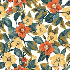 Wall Mural - Seamless floral pattern with orange and yellow flowers on a white background.