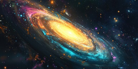 Aufkleber - A vibrant spiral galaxy with bright stars and colorful nebulas, set against a deep space background filled with distant galaxies and cosmic dust