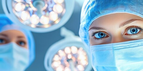 Poster - A surgeon and assistant in a sterile operating room, focusing on a complex procedure, with modern surgical tools and bright overhead lights