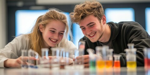 Aufkleber - A pair of students collaborating on a science experiment in a school lab with beakers and test tubes on the table focused and hands-on learning