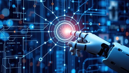 Poster - AI, Machine learning, Hands of robot and human touching on big data network connection background, Science and artificial intelligence technology, innovation and futuristic , 8k image