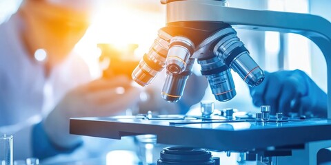 Poster - Two researchers working in a cutting-edge laboratory, examining samples under a microscope with a background of high-tech lab equipment