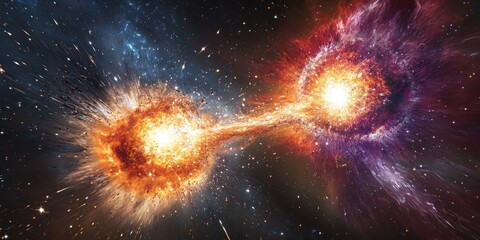 Poster - A collision between two galaxies, with stars being flung into space and vibrant clouds of gas creating dramatic cosmic fireworks