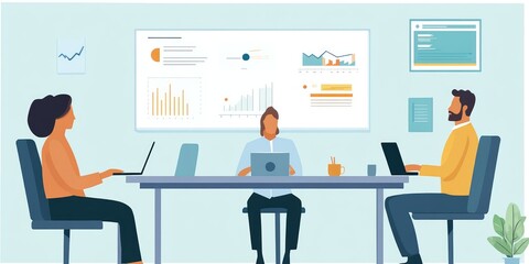 Aufkleber - Three adults in a bright conference room attending a virtual leadership training session with laptops and charts on the table engaged and interactive