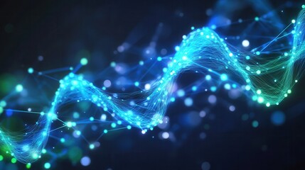 Poster - Abstract Data Grid with Pulsing Light Connections in Blue Waves