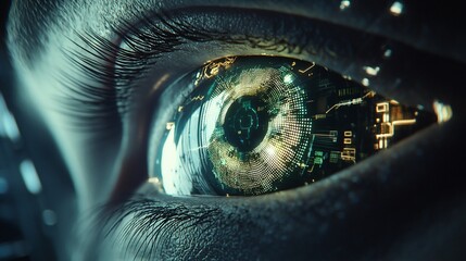 Poster - Close-up of a futuristic eye with digital interface overlay.