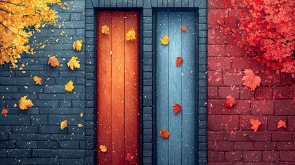 Poster - Autumn's Embrace: A captivating landscape where autumn leaves dance on a brick wall, contrasting with winter's first snow.  Two doors stand as a symbol of changing seasons.