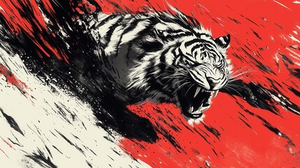 Poster - Dynamic Illustration of Tiger in Motion with Bold Colors and Angles