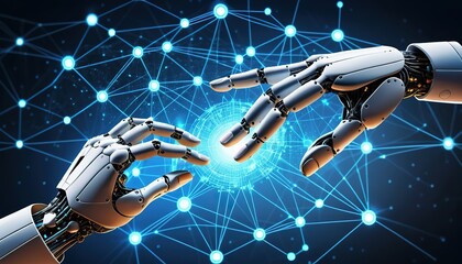 Poster - AI, Machine learning, Hands of robot and human touching on big data network connection background, Science and artificial intelligence technology, innovation and futuristic , 8k image