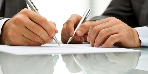 Aufkleber - A close-up of two hands signing a contract on a sleek office desk with serious and focused expressions on the businesspeople's faces