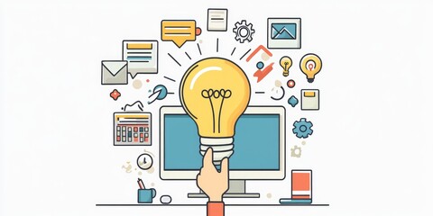 Fototapete - A hand holding a light bulb with a gear icon, representing innovation and inspiration through digital technology and online tools while working on a computer.