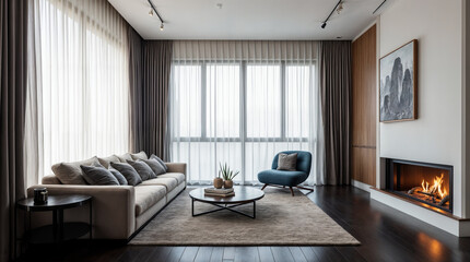 Wall Mural - a living room with a fireplace and a blue chair