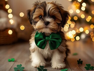 Sticker - Adorable puppy wearing a green bow tie. AI.