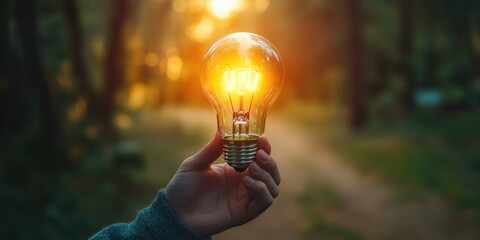 Fototapete - A man holding an illuminated light bulb, symbolizing innovation and inspiration, linked to the development of creative and sustainable business ideas.