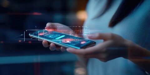 Aufkleber - Mobile payment technology concept. A woman uses a smartphone app to shop and pay, highlighting digital money transfers, e-commerce, and banking transactions.