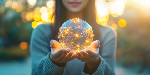Poster - A woman holding a virtual globe symbolizing global internet connectivity, illustrating advancements in business, finance, digital marketing, and emerging technologies.