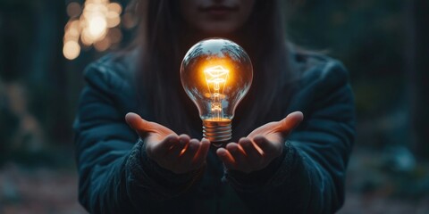 Aufkleber - A woman holding a glowing light bulb, symbolizing global internet connectivity and innovation in business technology, finance, and digital marketing.