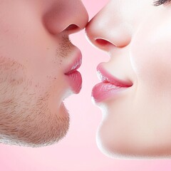 Poster - Elegant Valentine's Day portrait, close-up of a couple's lips touching gently, soft pink tones, high-detail, premium stock photo style