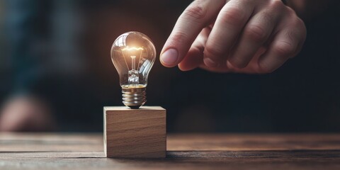 Aufkleber - A hand reaching for a light bulb atop a wooden block labeled Ideas, symbolizing innovation, creativity, and cutting-edge advancements in science and communication technol