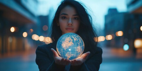 Fototapete - A woman holding a virtual globe, representing global connectivity, emerging business technologies, and digital marketing's role in global finance.