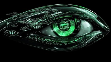 Aufkleber - Futuristic eye with circuit board texture and green glowing iris.