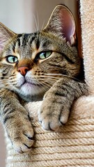 Wall Mural - A close-up of a relaxed tabby cat resting on a scratching post.