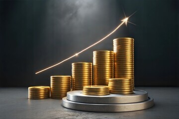 Wall Mural - Photo  3D rendering of a financial growth concept, featuring golden coins stacked and an upward glowing arrow, highlights the concept of wealth accumulation and investment success.