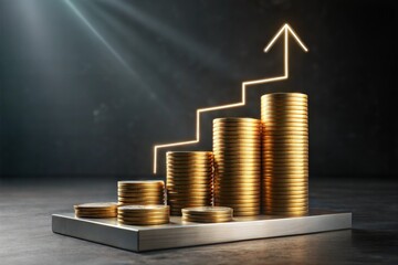 Photo  3D rendering of a financial growth concept, featuring golden coins stacked and an upward glowing arrow, highlights the concept of wealth accumulation and investment success.