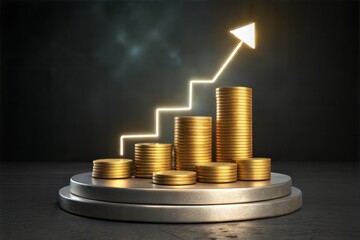 Wall Mural - Photo  3D rendering of a financial growth concept, featuring golden coins stacked and an upward glowing arrow, highlights the concept of wealth accumulation and investment success.