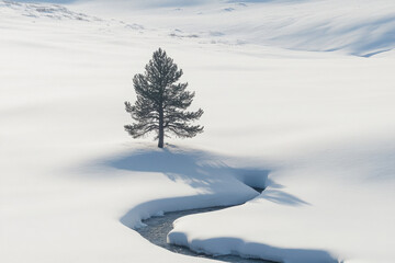 Wall Mural - A solitary tree stands amidst a snowy landscape with a winding stream.