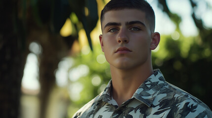 Young man in camouflage outdoors. Represents urban style and youth culture