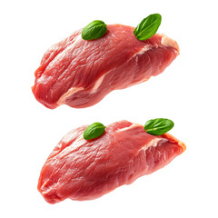 A pieces of fresh Chicken breast cut garnished with basil, isolated on white background, showcasing culinary concept.