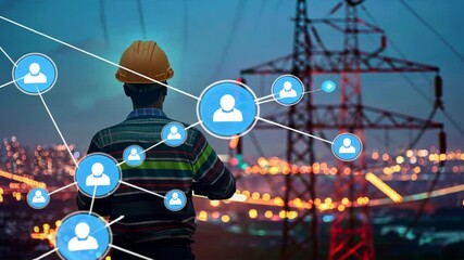 Aufkleber - Worker in hard hat observing power lines, showcasing technology and communication in energy infrastructure, with vibrant cityscape glowing in background, symbolizing collaboration and connectivity.