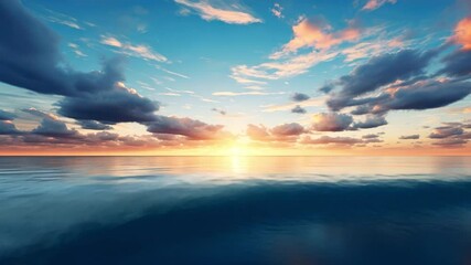 Aufkleber - Ocean Sunset: A breathtaking view of a vibrant sunset over a calm ocean, with colorful clouds painting the sky in hues of orange, pink, and blue. The sun dips below the horizon.