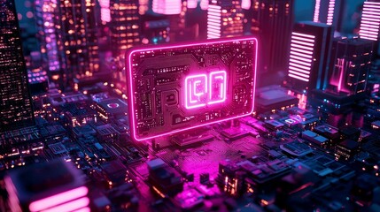 Poster - Neon Circuit City: A Cyberpunk Vision of the Future.  Digital art depicting a futuristic cityscape integrated with advanced technology, glowing with vibrant neon lights.