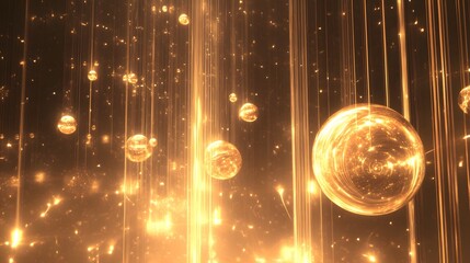 Poster - Dynamic golden light flow with spheres abstract digital art ethereal atmosphere futuristic perspective
