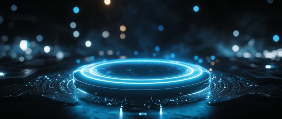 Fototapete - Bright blue glowing circular platform surrounded by shimmering effects at night
