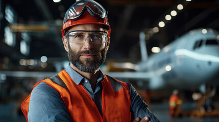 Wall Mural - confident aviation engineer in safety gear stands in aircraft hangar, showcasing expertise and professionalism