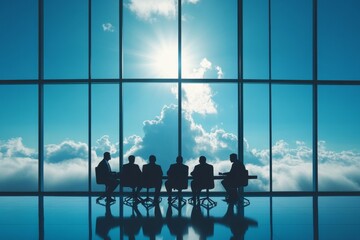 Business meeting taking place indoors with a backdrop of a clear sky and fluffy clouds at daytime