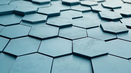 Poster - a blue background with a pattern of hexagons. the hexagons are all different sizes and are arranged 