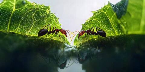 Wall Mural - Ants on a Leaf: A Detailed Macro Shot