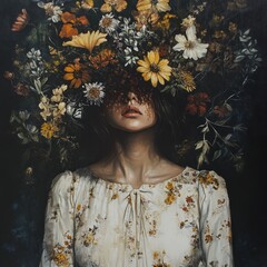 Wall Mural - Woman obscured by vibrant, autumnal flowers, dark background, painterly style.