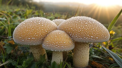 Wall Mural - Three dew-covered mushrooms in grass at sunrise.