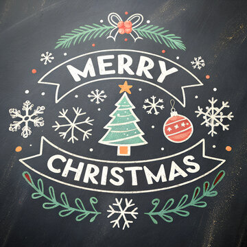 Merry Christmas logo designed in chalkboard drawing handwriting ornate event greeting