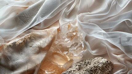 Poster - A delicate white fabric drapes over a collection of crystals and rocks.