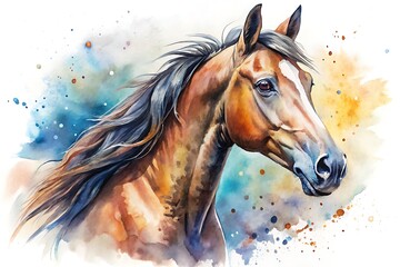  Horse with a brown mane and a black nose. Watercolor