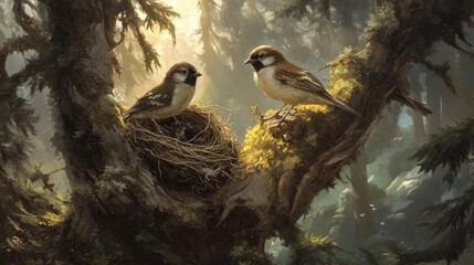 Wall Mural - Two sparrows on a mossy tree branch, one in a nest, in a sunlit forest.