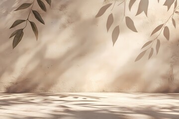 Poster - Beige wall background with leaf shadows and empty floor