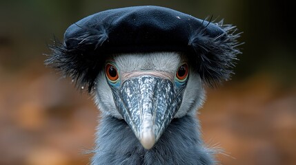 close-up portrait of a shoebill stork wearing a stylish beret, showcasing its unique beak and intens