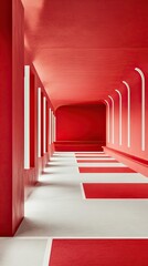 Wall Mural - Red corridor with white lines and arched windows